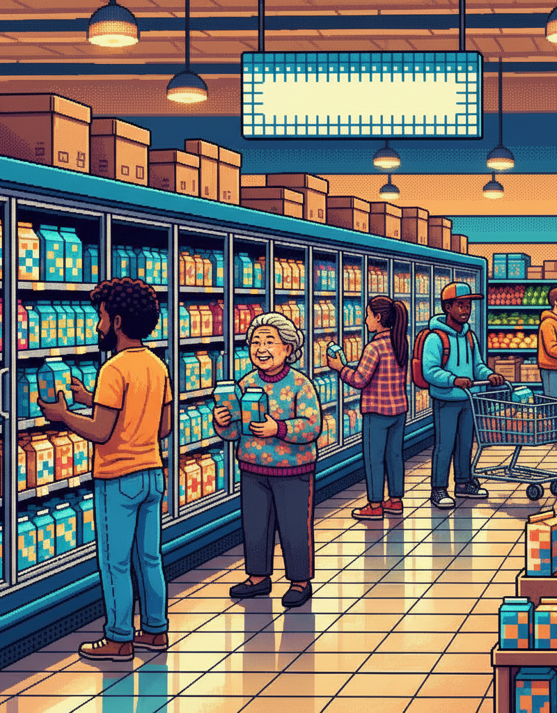 A diverse group of young professionals and families in a brightly lit, modern urban grocery store, gathered near a sleek glass-fronted dairy case, selecting premium milk cartons while discussing labels and laughing.