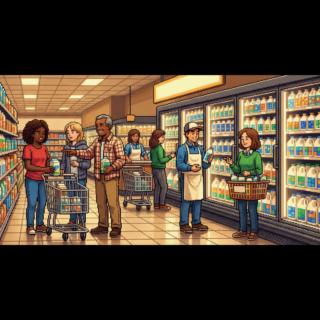 A diverse group of young professionals and families in a brightly lit, modern urban grocery store, gathered near a sleek glass-fronted dairy case, selecting premium milk cartons while discussing labels and laughing.