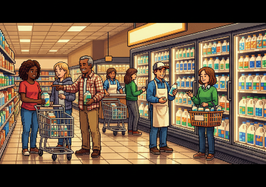 A diverse group of young professionals and families in a brightly lit, modern urban grocery store, gathered near a sleek glass-fronted dairy case, selecting premium milk cartons while discussing labels and laughing.