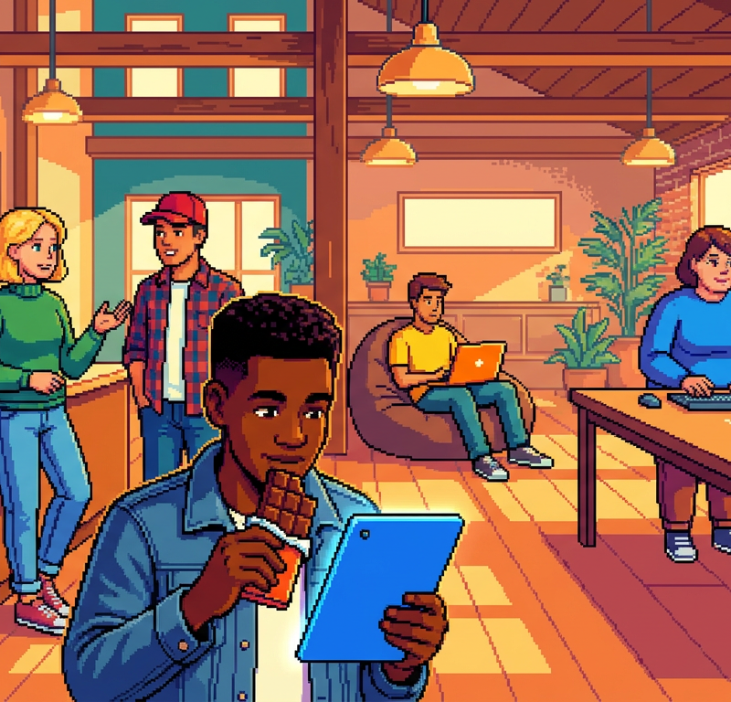 A diverse group of office workers and creative professionals in a sunlit modern communal workspace, some snapping off pieces of chocolate bars while looking at digital tablets and others engaged in focused conversation.