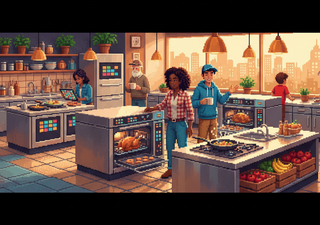 Modern smart oven with internal camera view of food cooking