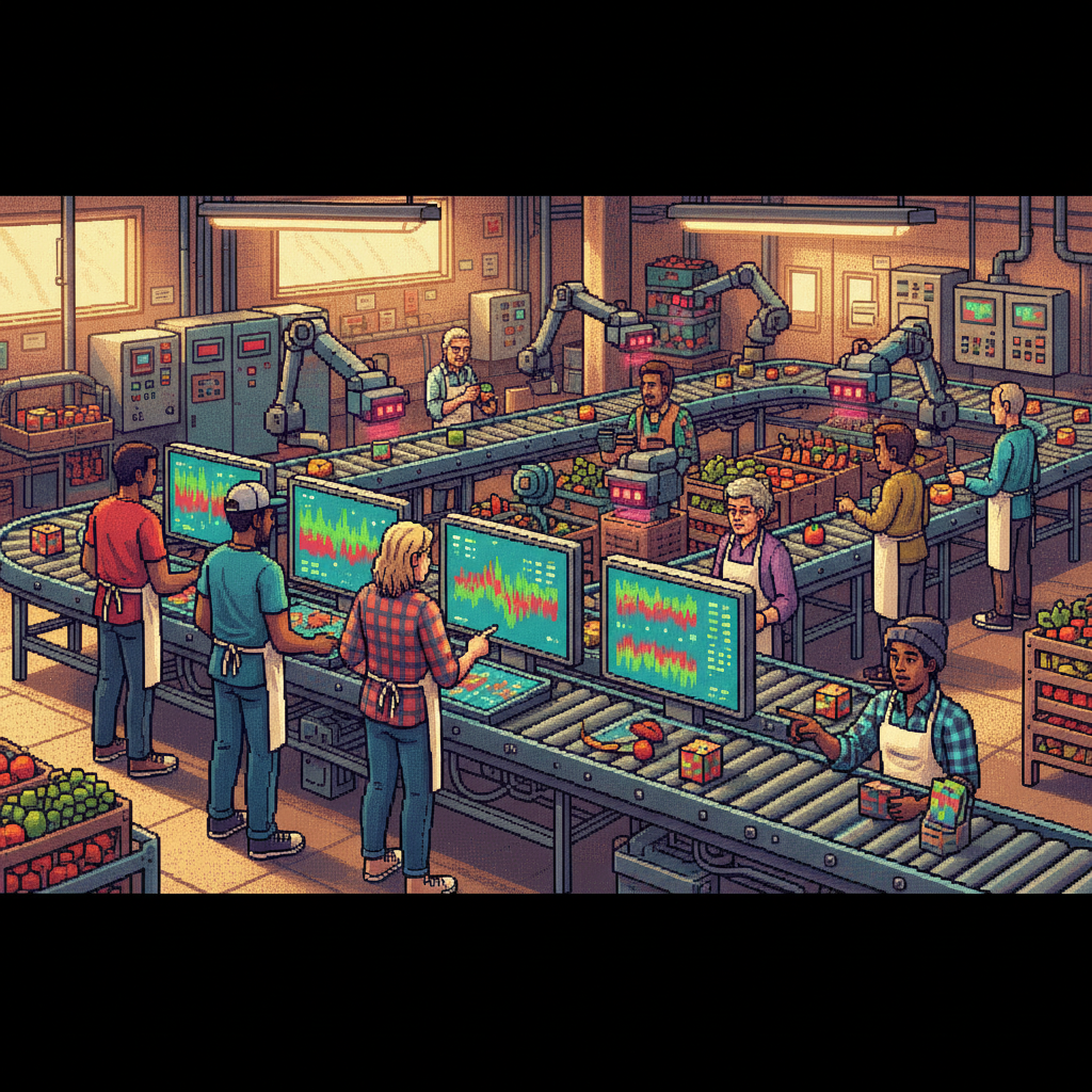 A wide pixel-art scene of a modern food processing facility where diverse technicians monitor digital tablet screens as rows of vegetables pass under high-speed cameras and glowing sensors.