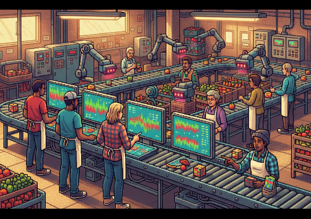 A wide pixel-art scene of a modern food processing facility where diverse technicians monitor digital tablet screens as rows of vegetables pass under high-speed cameras and glowing sensors.