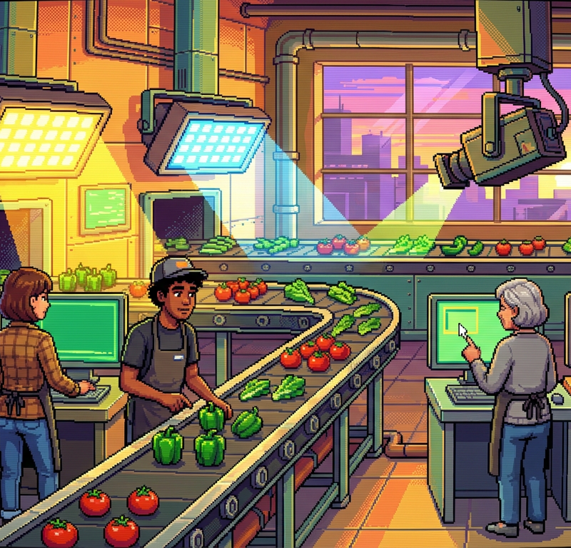 A wide pixel-art scene of a modern food processing facility where diverse technicians monitor digital tablet screens as rows of vegetables pass under high-speed cameras and glowing sensors.