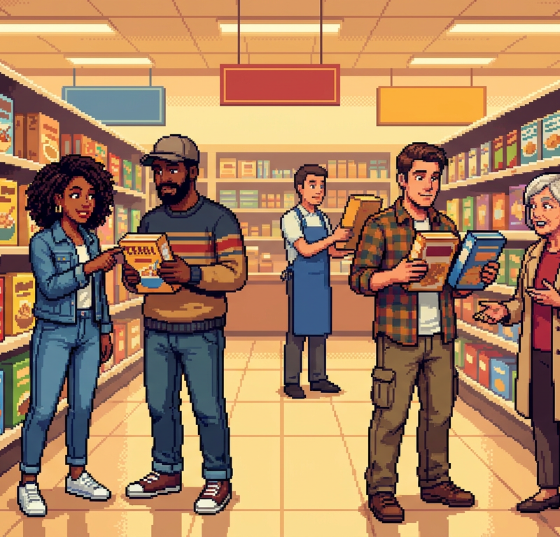 A bustling modern grocery store aisle where shoppers are examining colorful cereal boxes and protein bars, with a clear focus on a diverse group of people comparing nutritional labels in a vibrant, pixel-art style environment.