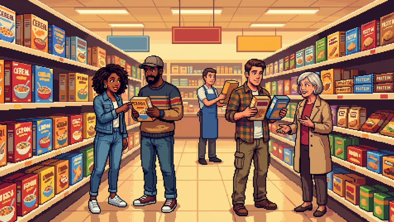 A bustling modern grocery store aisle where shoppers are examining colorful cereal boxes and protein bars, with a clear focus on a diverse group of people comparing nutritional labels in a vibrant, pixel-art style environment.