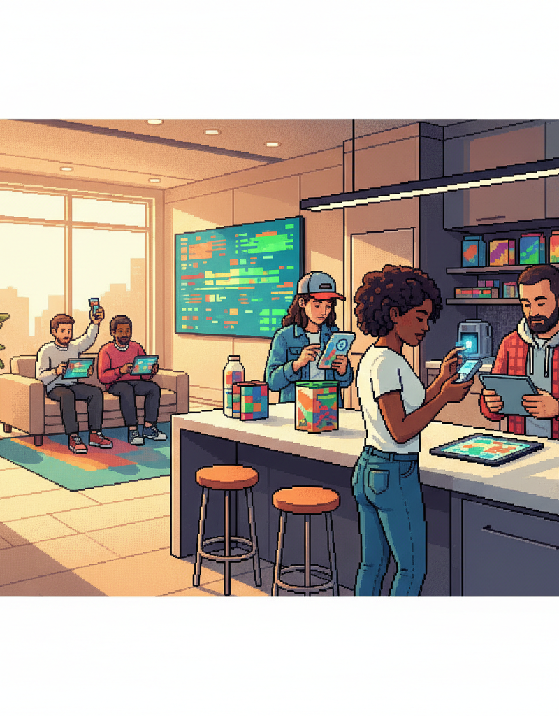 A wide editorial shot of a sunlit, modern communal kitchen where diverse adults in casual linen and athletic wear are preparing meals while checking sleek, minimalist wearable devices and tablets that display colorful biometric data graphs.
