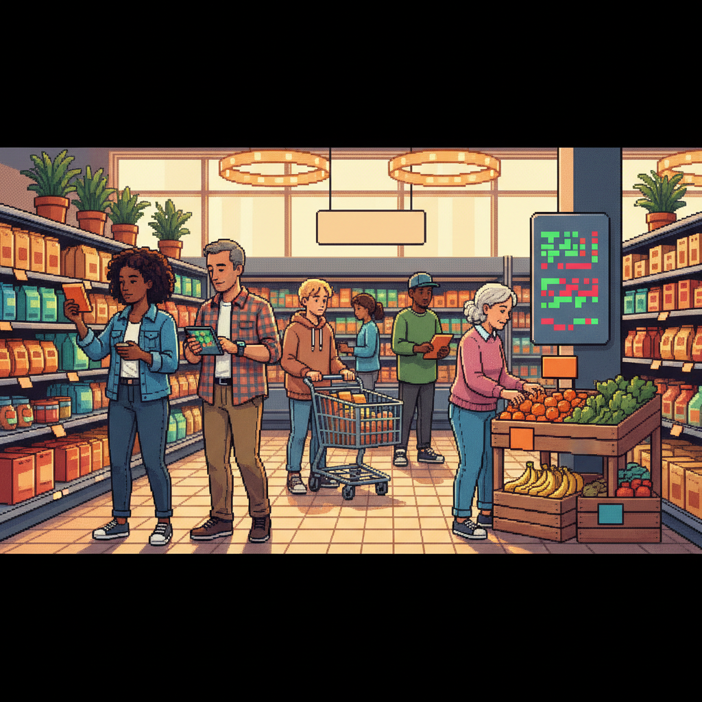 A wide editorial shot of a sunlit, modern communal kitchen where diverse adults in casual linen and athletic wear are preparing meals while checking sleek, minimalist wearable devices and tablets that display colorful biometric data graphs.
