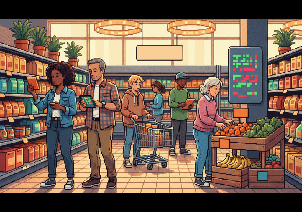 A wide editorial shot of a sunlit, modern communal kitchen where diverse adults in casual linen and athletic wear are preparing meals while checking sleek, minimalist wearable devices and tablets that display colorful biometric data graphs.