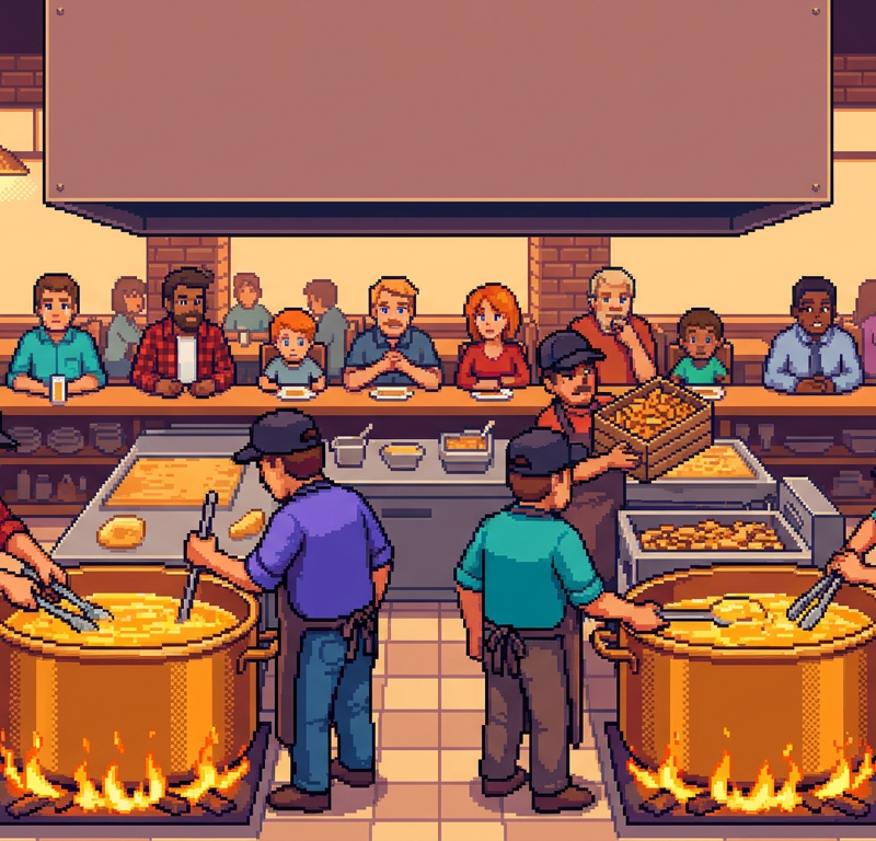 A bustling open-concept steakhouse kitchen where chefs are hand-rendering blocks of golden beef fat and tossing thick-cut fries into traditional copper vats, while diners watch from a distance.