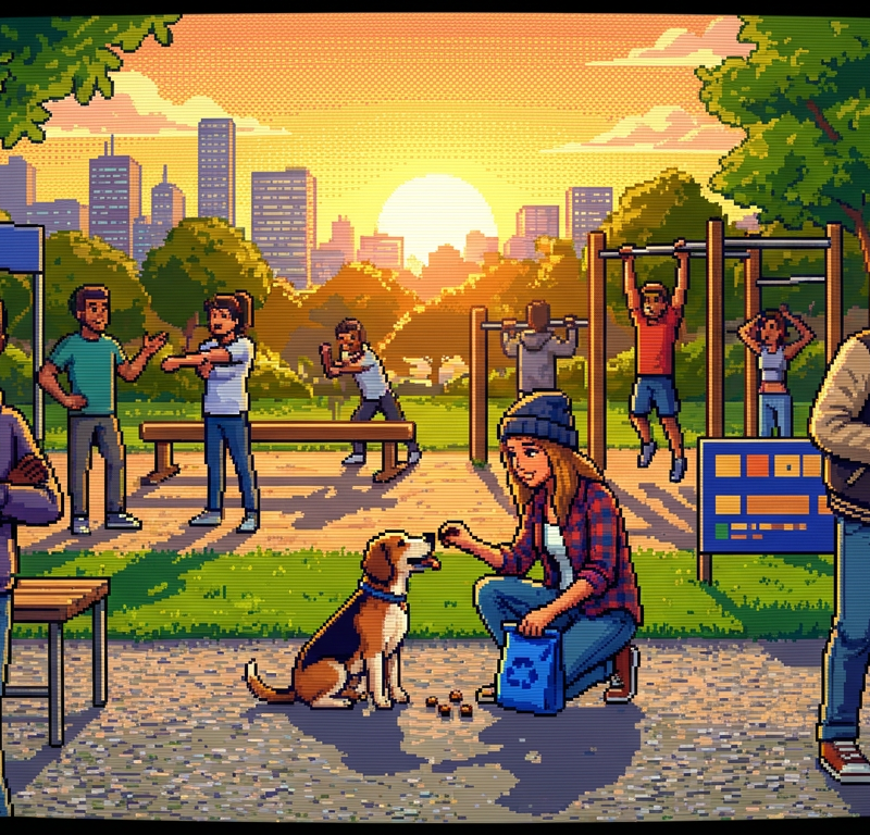A diverse group of modern young professionals at an outdoor training park, one feeding a small dog a treat from a sleek recycled pouch while another reaches for a minimalist protein bar near a climbing wall during a sunset session.