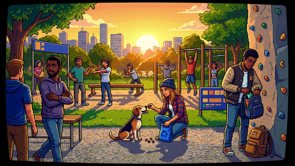 A diverse group of modern young professionals at an outdoor training park, one feeding a small dog a treat from a sleek recycled pouch while another reaches for a minimalist protein bar near a climbing wall during a sunset session.