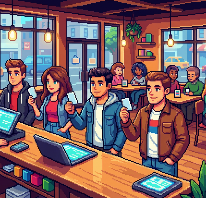 A bustling modern bistro where a diverse group of young professionals are scanning digital membership cards at a sleek counter, while others sit at tables marked with reserved membership plaques, all wearing stylish contemporary urban attire.