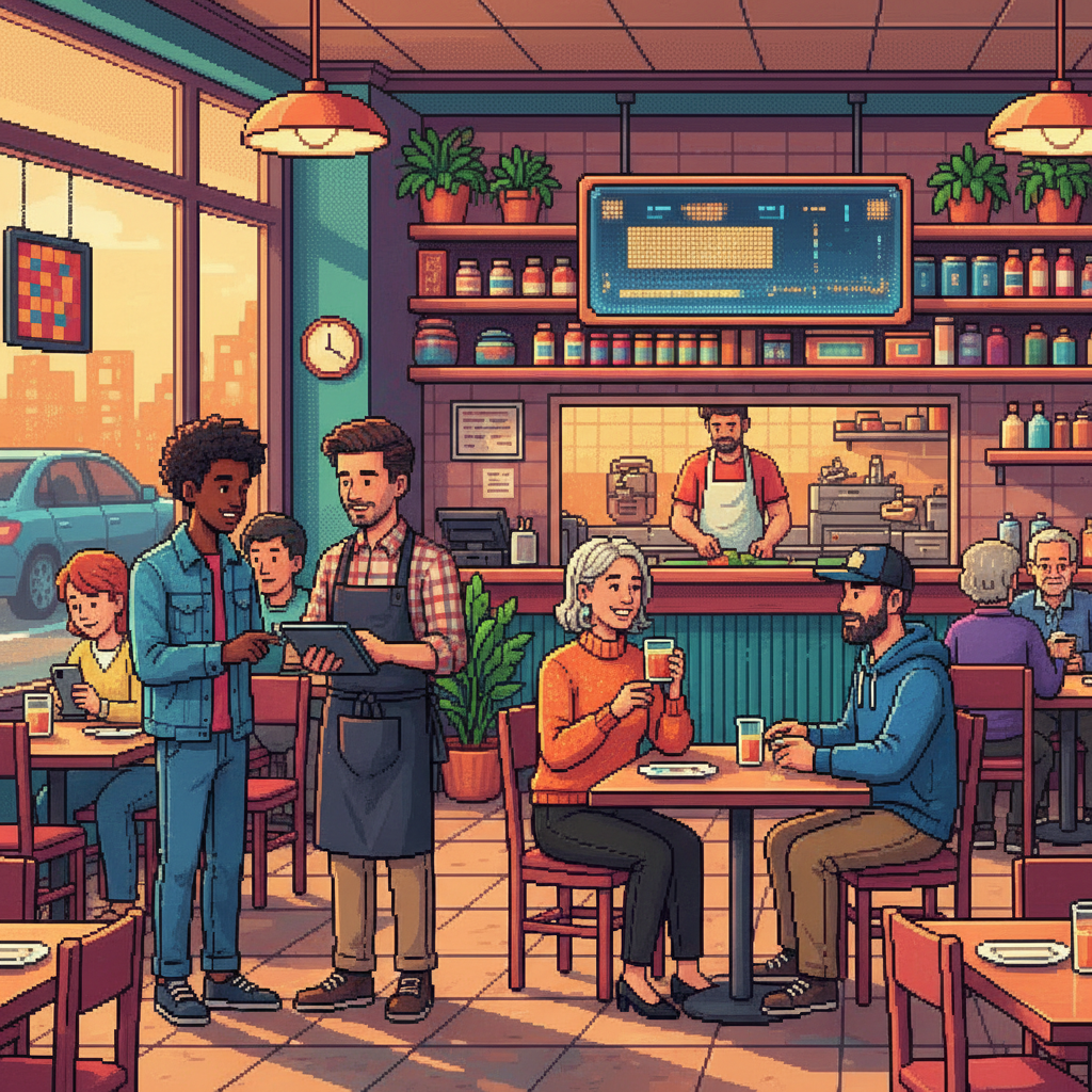 A bustling modern bistro where a diverse group of young professionals are scanning digital membership cards at a sleek counter, while others sit at tables marked with reserved membership plaques, all wearing stylish contemporary urban attire.