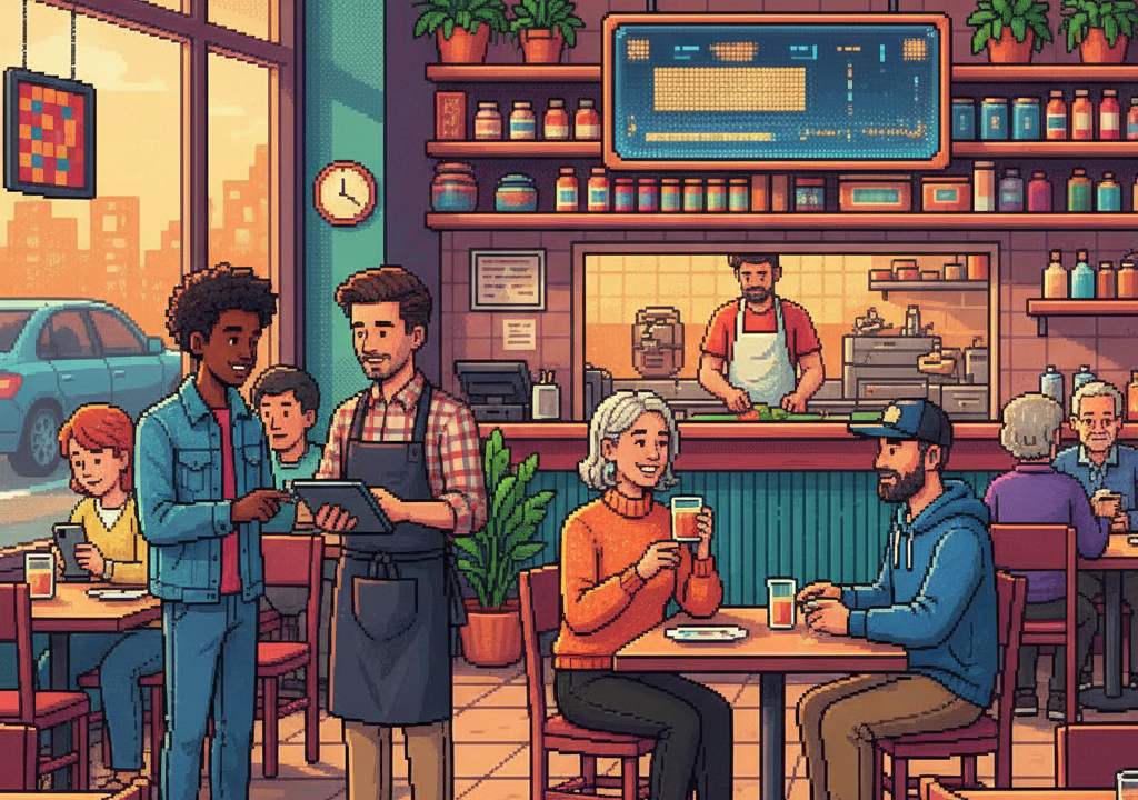 A bustling modern bistro where a diverse group of young professionals are scanning digital membership cards at a sleek counter, while others sit at tables marked with reserved membership plaques, all wearing stylish contemporary urban attire.