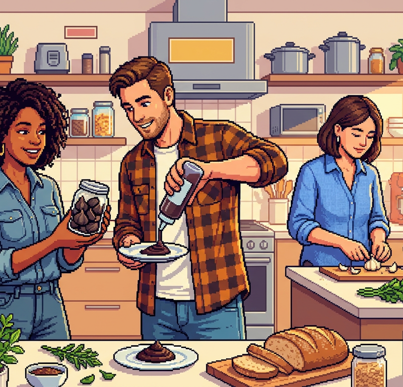 A diverse group of home cooks in a bright, modern kitchen experimenting with jars of black garlic cloves and squeeze bottles of dark paste, wearing casual denim and linen clothing, surrounded by fresh herbs and artisan bread.