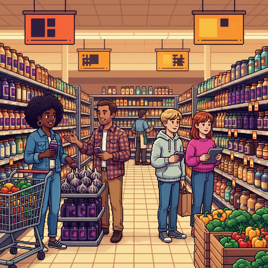 A diverse group of home cooks in a bright, modern kitchen experimenting with jars of black garlic cloves and squeeze bottles of dark paste, wearing casual denim and linen clothing, surrounded by fresh herbs and artisan bread.