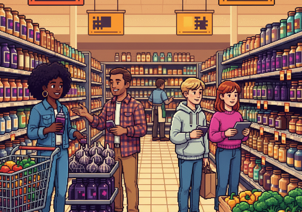 A diverse group of home cooks in a bright, modern kitchen experimenting with jars of black garlic cloves and squeeze bottles of dark paste, wearing casual denim and linen clothing, surrounded by fresh herbs and artisan bread.
