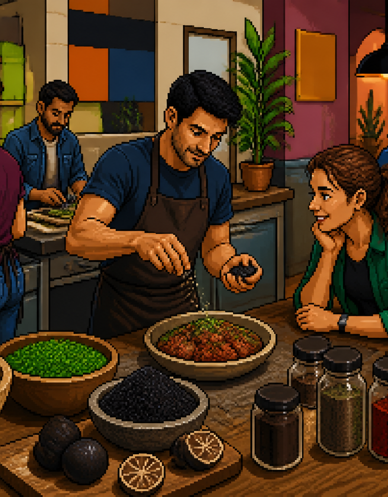 Pixel-art elderly Iraqi spice trader kneeling beside wooden trays of black limes on a Gulf rooftop at sunset