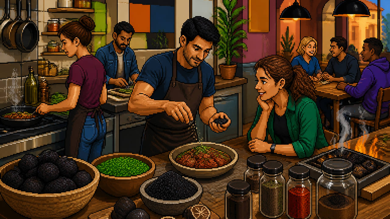 Pixel-art elderly Iraqi spice trader kneeling beside wooden trays of black limes on a Gulf rooftop at sunset