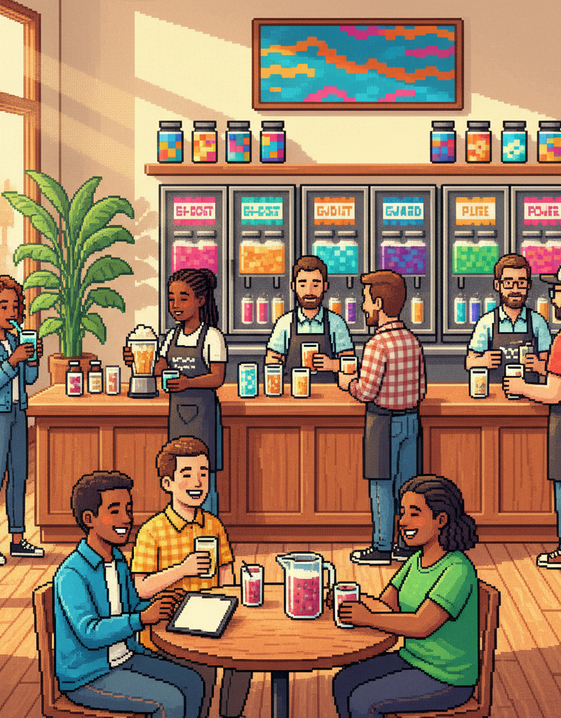 A diverse group of young professionals and fitness enthusiasts in a modern, sun-drenched urban outdoor plaza, some holding sleek frosted glass bottles with creamy golden-hued beverages while others engage in conversation near a minimalist pop-up wellness kiosk.