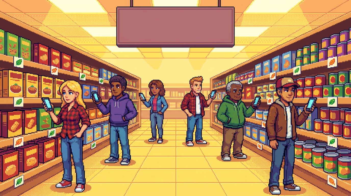 A diverse group of shoppers in a modern grocery aisle using smartphones to scan shelf tags and product packaging featuring small green and orange carbon leaf icons.