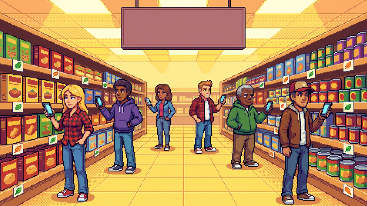A diverse group of shoppers in a modern grocery aisle using smartphones to scan shelf tags and product packaging featuring small green and orange carbon leaf icons.