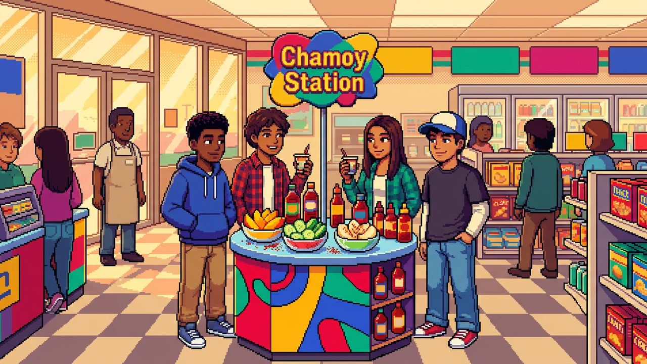 A pixel-art scene of a brightly lit modern convenience store where diverse teenagers are gathering around a colorful 'Chamoy Station' featuring tajin-sprinkled fruit and bottled sauces.