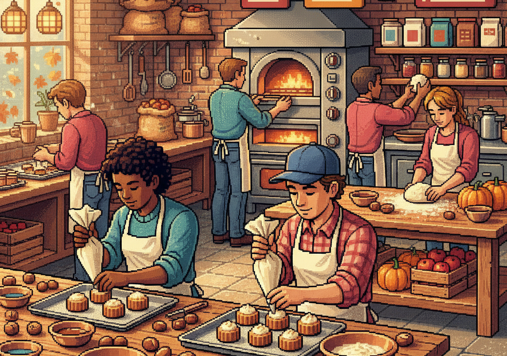 Pastry team preparing chestnut desserts in a busy bakery