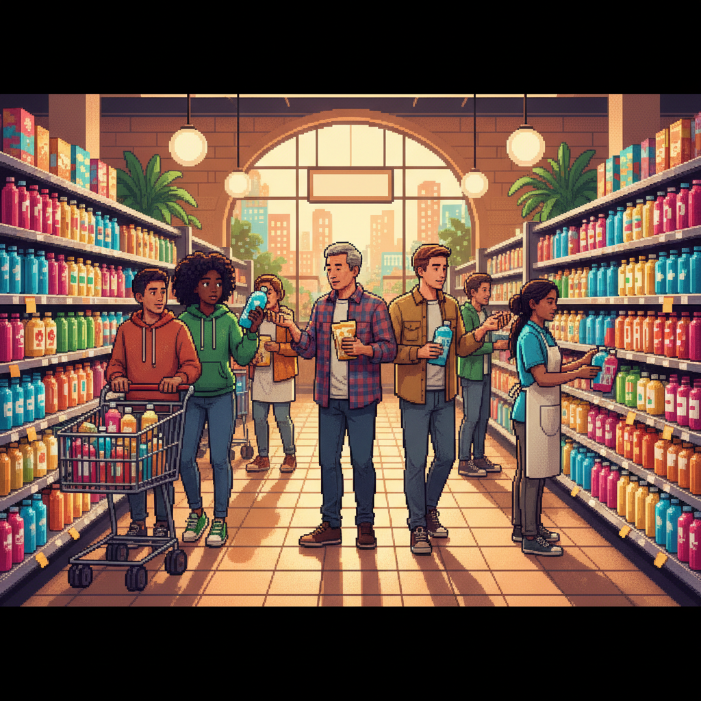 A diverse group of active adults in modern athletic wear walking through a bright, sunlit urban park, several individuals are drinking from transparent bottles containing vibrant, translucent pink and neon-blue beverages that resemble flavored water.