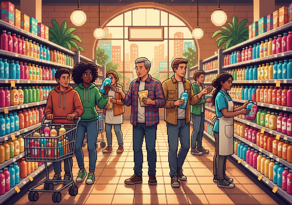 A diverse group of active adults in modern athletic wear walking through a bright, sunlit urban park, several individuals are drinking from transparent bottles containing vibrant, translucent pink and neon-blue beverages that resemble flavored water.
