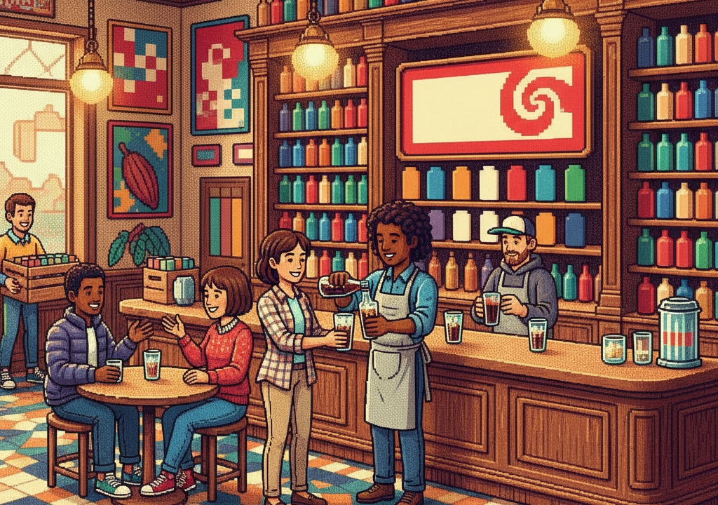 pixel art depiction of a Victorian era pharmacy with a chemist mixing liquids, surrounded by bottles and scientific equipment