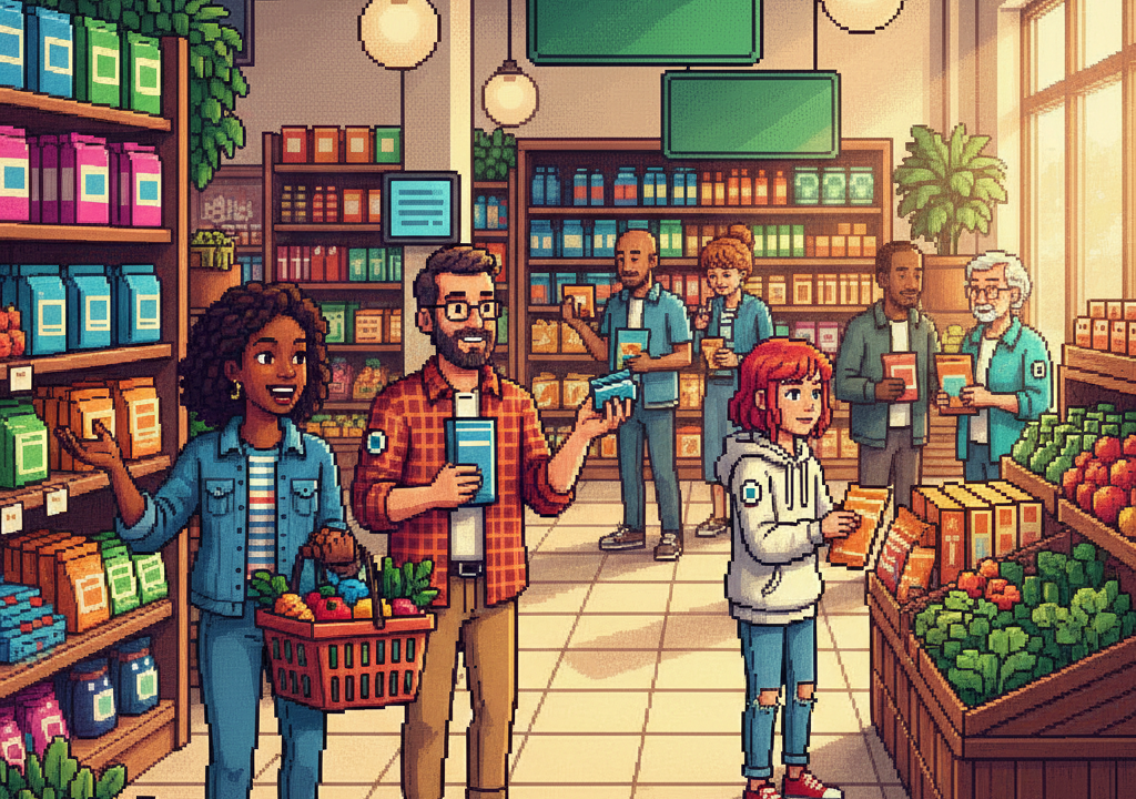 A group of active adults in their 30s and 40s gathered around a modern kitchen island with groceries; one woman checks a sleek smartphone app showing a digital graph while others look on, showcasing a wearable patch on her upper arm.