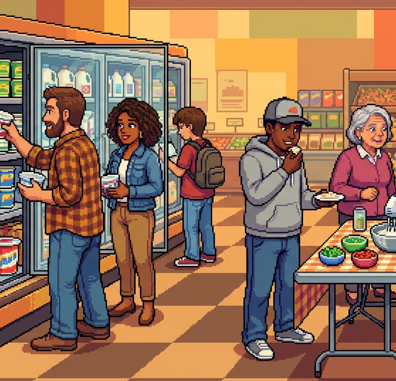 A vibrant pixel-art scene of shoppers at a modern dairy case, with people of various ages reaching for colorful tubs of cottage cheese while a chef-led demo nearby whips cheese into a dip.