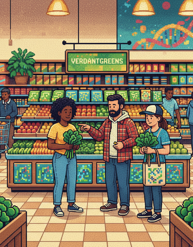 A diverse group of young professionals and families in a high-end, sun-drenched modern grocery store produce section, gathered around a vibrant display of neon-green and purple-tinged leafy vegetables. They are smiling, examining the packaging, and talking amongst themselves in a bright, clean, contemporary urban environment.