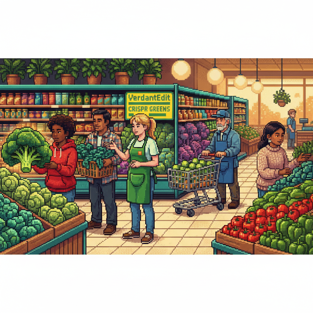 A diverse group of young professionals and families in a high-end, sun-drenched modern grocery store produce section, gathered around a vibrant display of neon-green and purple-tinged leafy vegetables. They are smiling, examining the packaging, and talking amongst themselves in a bright, clean, contemporary urban environment.