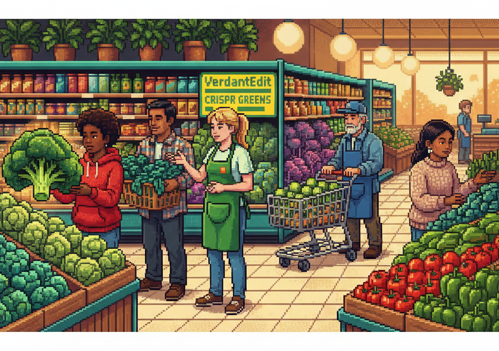 A diverse group of young professionals and families in a high-end, sun-drenched modern grocery store produce section, gathered around a vibrant display of neon-green and purple-tinged leafy vegetables. They are smiling, examining the packaging, and talking amongst themselves in a bright, clean, contemporary urban environment.