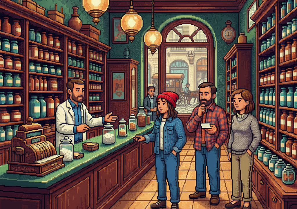 Pixel art image of a vintage pharmacy counter with small jars of yogurt on display. A pharmacist in a white coat is handing a jar to a parent holding a child.