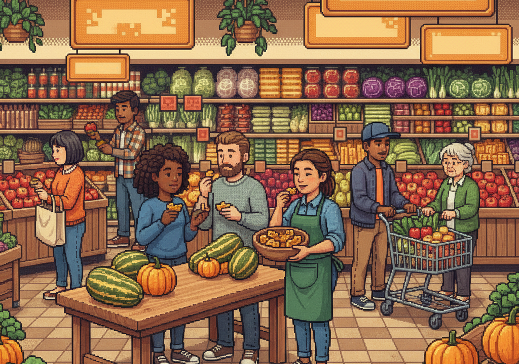 Shoppers sampling roasted squash beside a busy produce display