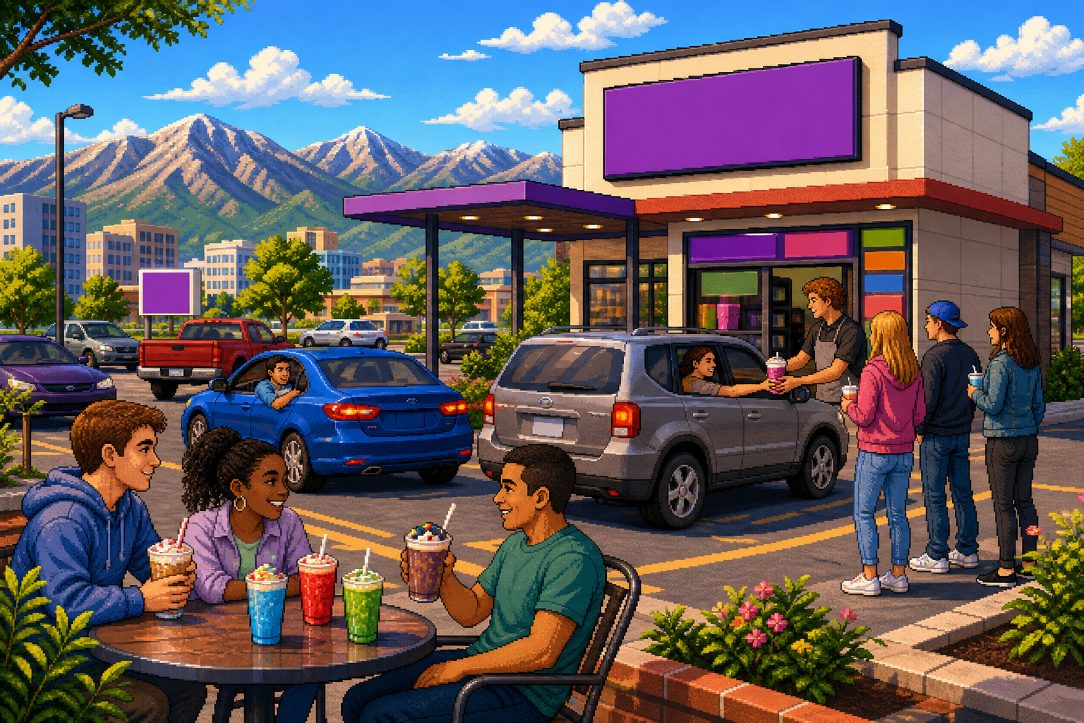 Several colorful dirty sodas in branded cups with straws on a drive-thru counter