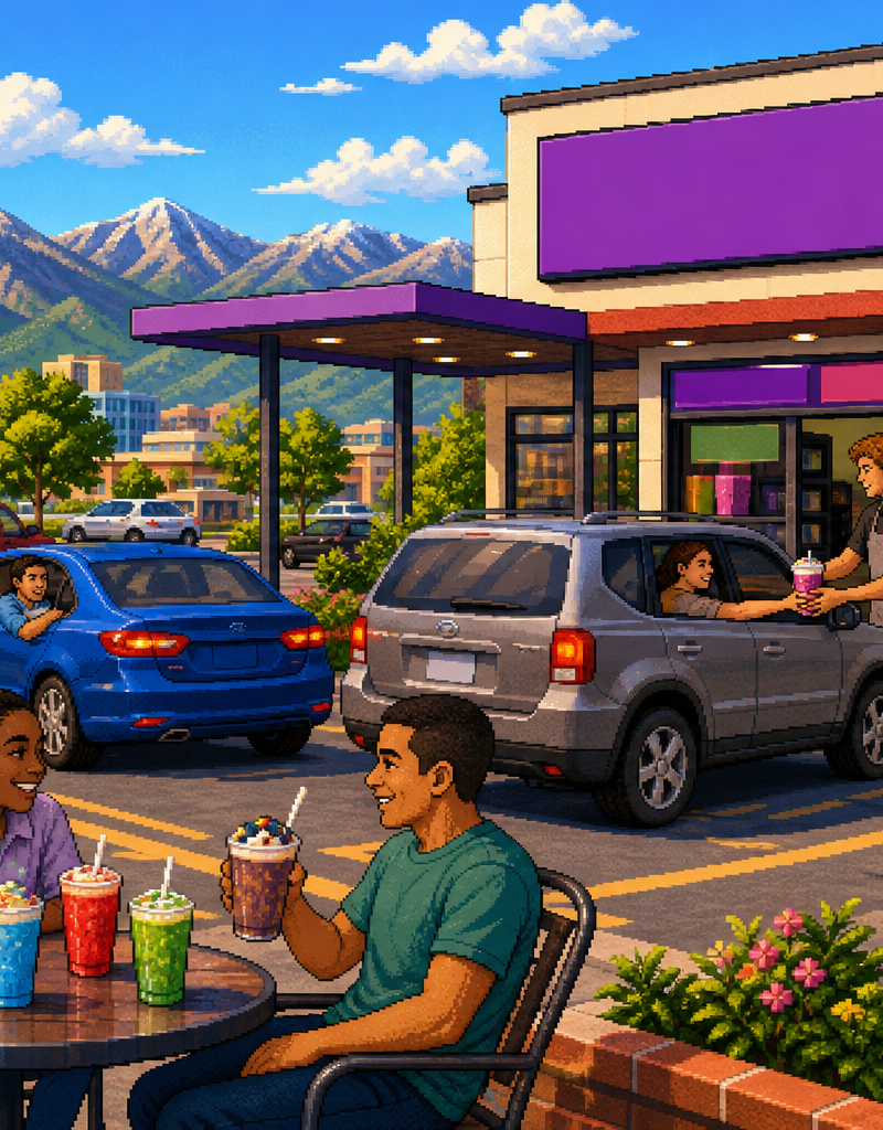 Several colorful dirty sodas in branded cups with straws on a drive-thru counter