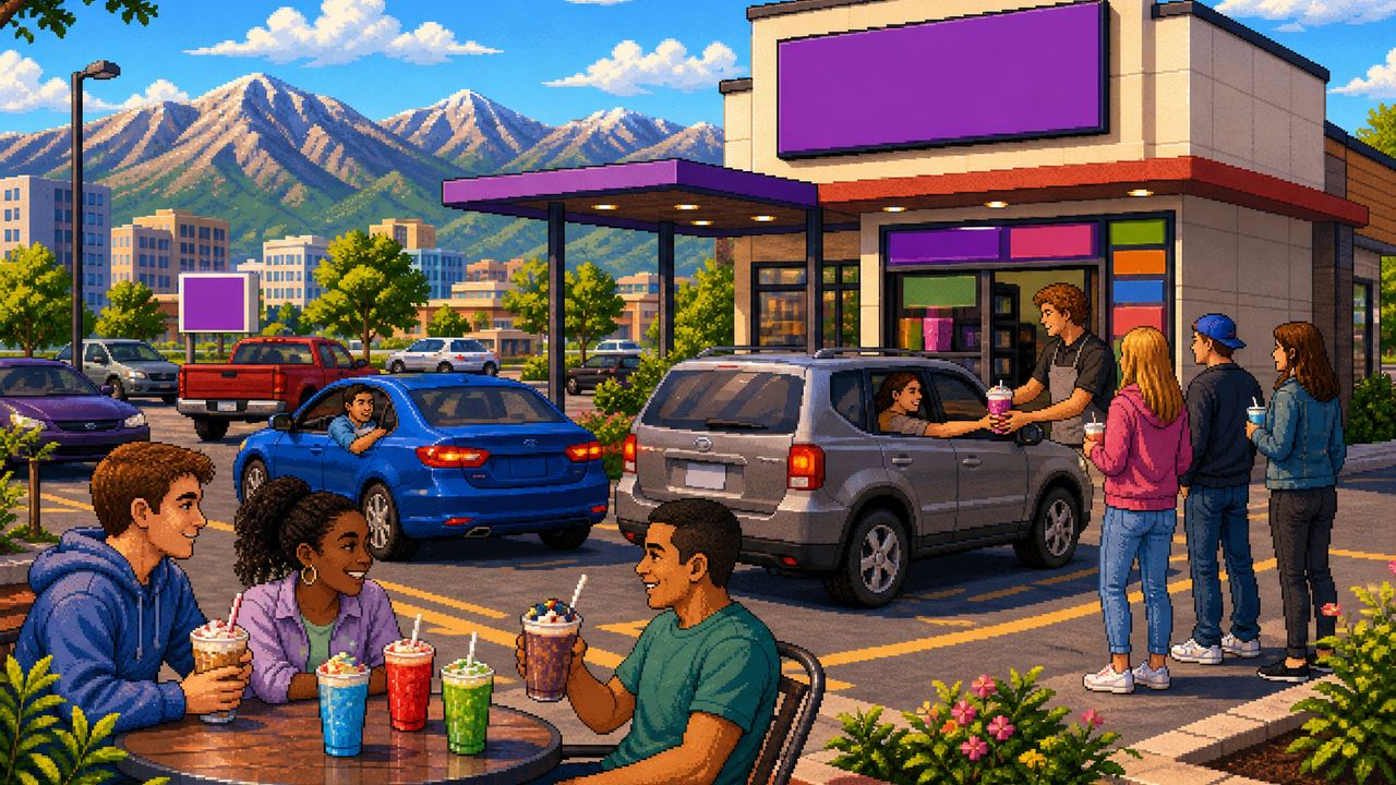 Several colorful dirty sodas in branded cups with straws on a drive-thru counter