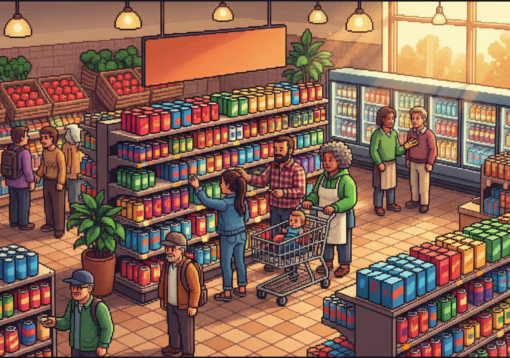 Dutch Bros branded coffee products displayed on a retail grocery shelf next to competitors.