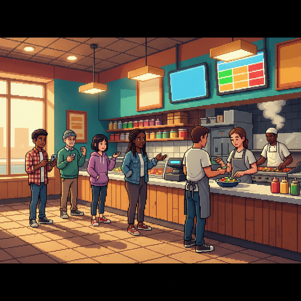 A bustling cyberpunk-style fast-food restaurant where digital overhead menus softly glow with changing prices as a diverse crowd of diners checks their smartphones.