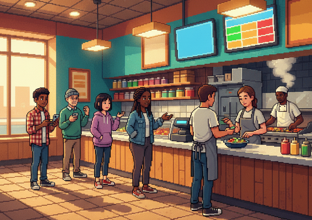 A bustling cyberpunk-style fast-food restaurant where digital overhead menus softly glow with changing prices as a diverse crowd of diners checks their smartphones.