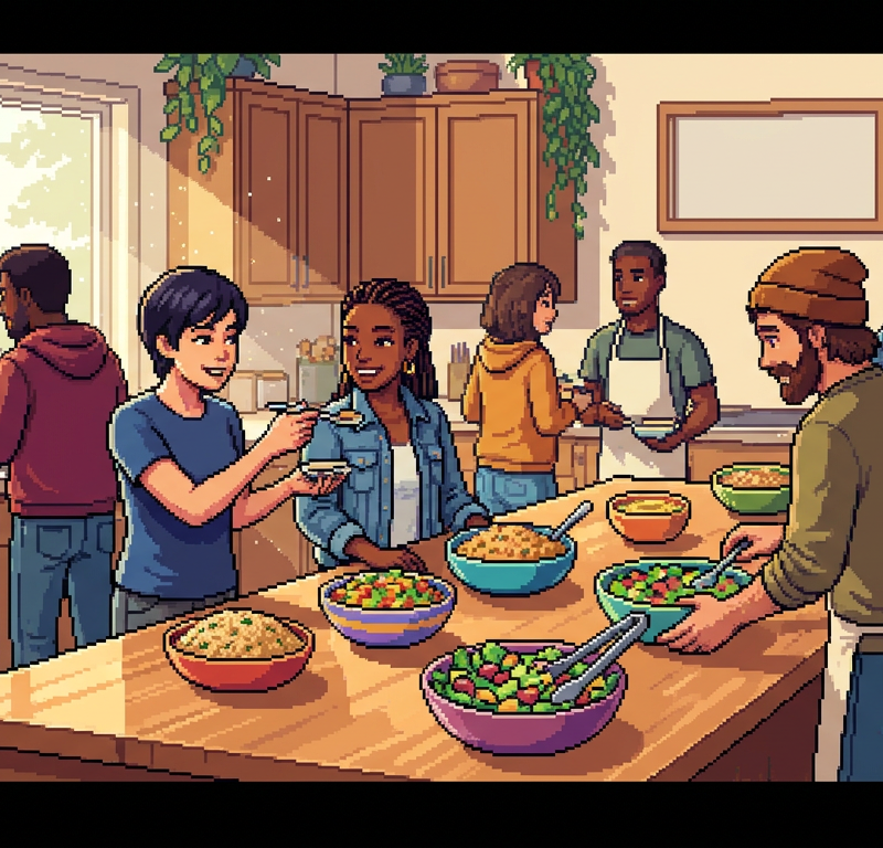 A diverse group of culinary professionals and home cooks gathered around a modern kitchen island, sampling colorful bowls of fonio pilaf and salads, wearing casual aprons and streetwear, vibrant sunlight through a large window.