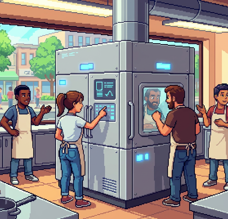 A diverse group of culinary staff in a modern kitchen standing around a sleek, stainless steel modular bio-digester unit, glowing with soft blue LED indicators, while a window in the background shows a bustling green city street.