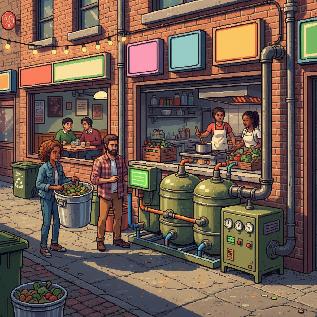 A diverse group of culinary staff in a modern kitchen standing around a sleek, stainless steel modular bio-digester unit, glowing with soft blue LED indicators, while a window in the background shows a bustling green city street.
