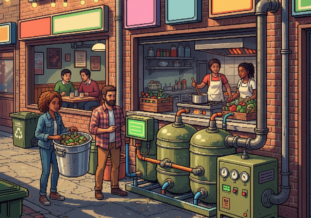 A diverse group of culinary staff in a modern kitchen standing around a sleek, stainless steel modular bio-digester unit, glowing with soft blue LED indicators, while a window in the background shows a bustling green city street.