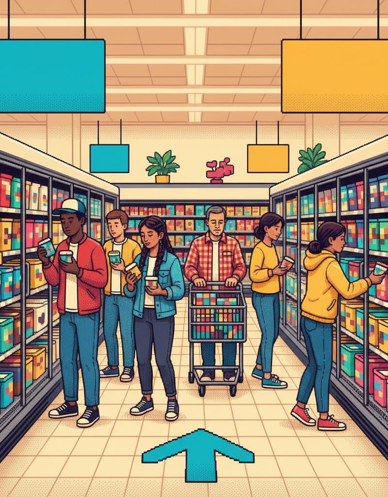 A high-angle view of a bright, modern organic grocery store aisle where diverse people in stylish leisurewear and professional attire are browsing the frozen section. A young athlete examines a pint container, a couple discusses nutritional labels, and a store clerk restocks a vibrant shelf of colorful premium frozen desserts. The atmosphere is clean, airy, and bustling.